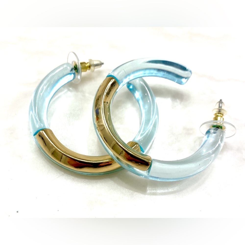 Light Blue Hoop Earrings with Gold Accent - Women Jewelry